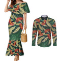 Australian Native Eucalyptus Plant Couples Matching Mermaid Dress and Long Sleeve Button Shirt Aboriginal Dot Art