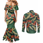 Australian Native Eucalyptus Plant Couples Matching Mermaid Dress and Long Sleeve Button Shirt Aboriginal Dot Art