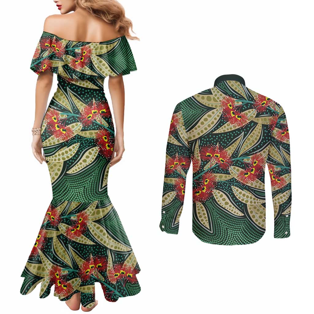 Australian Native Eucalyptus Plant Couples Matching Mermaid Dress and Long Sleeve Button Shirt Aboriginal Dot Art