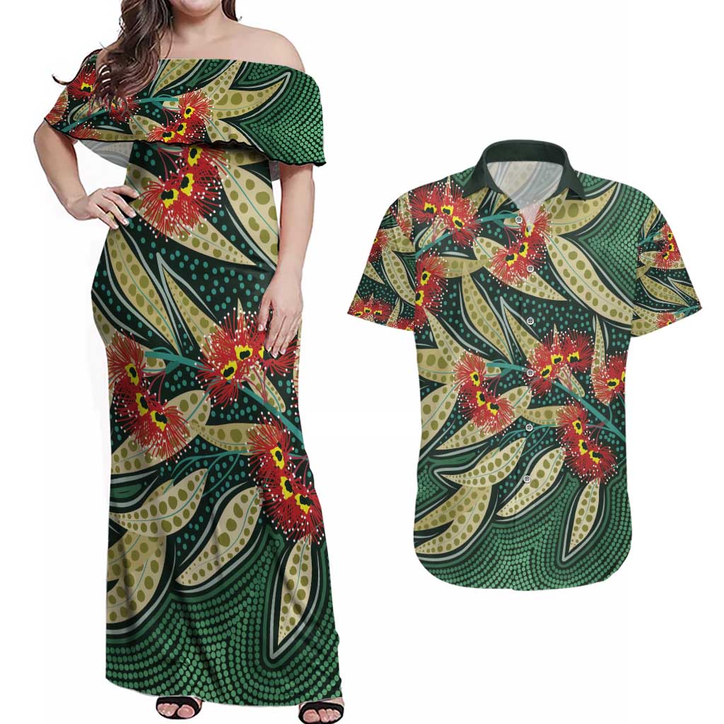 Australian Native Eucalyptus Plant Couples Matching Off Shoulder Maxi Dress and Hawaiian Shirt Aboriginal Dot Art