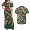 Australian Native Eucalyptus Plant Couples Matching Off Shoulder Maxi Dress and Hawaiian Shirt Aboriginal Dot Art