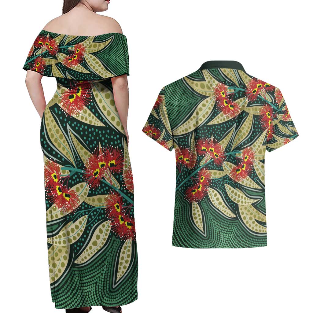 Australian Native Eucalyptus Plant Couples Matching Off Shoulder Maxi Dress and Hawaiian Shirt Aboriginal Dot Art