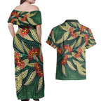 Australian Native Eucalyptus Plant Couples Matching Off Shoulder Maxi Dress and Hawaiian Shirt Aboriginal Dot Art