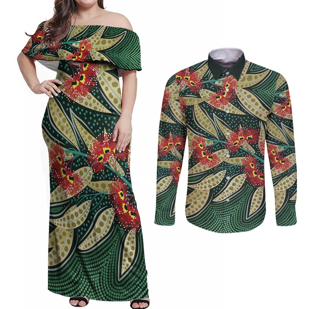 Australian Native Eucalyptus Plant Couples Matching Off Shoulder Maxi Dress and Long Sleeve Button Shirt Aboriginal Dot Art