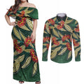 Australian Native Eucalyptus Plant Couples Matching Off Shoulder Maxi Dress and Long Sleeve Button Shirt Aboriginal Dot Art