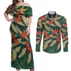 Australian Native Eucalyptus Plant Couples Matching Off Shoulder Maxi Dress and Long Sleeve Button Shirt Aboriginal Dot Art