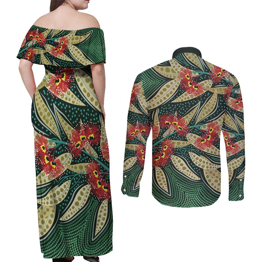 Australian Native Eucalyptus Plant Couples Matching Off Shoulder Maxi Dress and Long Sleeve Button Shirt Aboriginal Dot Art