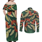 Australian Native Eucalyptus Plant Couples Matching Off Shoulder Maxi Dress and Long Sleeve Button Shirt Aboriginal Dot Art