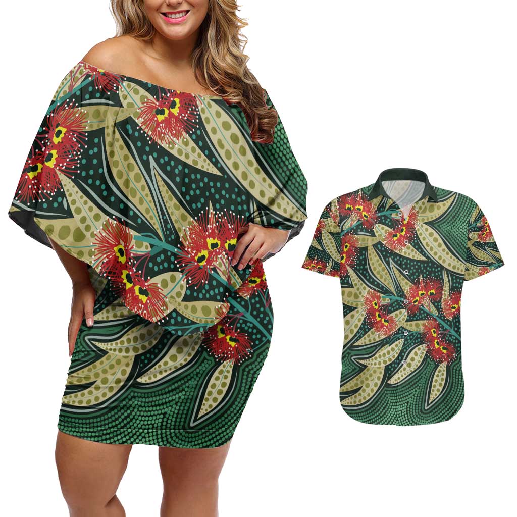 Australian Native Eucalyptus Plant Couples Matching Off Shoulder Short Dress and Hawaiian Shirt Aboriginal Dot Art