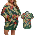 Australian Native Eucalyptus Plant Couples Matching Off Shoulder Short Dress and Hawaiian Shirt Aboriginal Dot Art