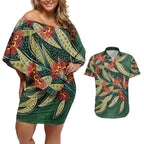 Australian Native Eucalyptus Plant Couples Matching Off Shoulder Short Dress and Hawaiian Shirt Aboriginal Dot Art
