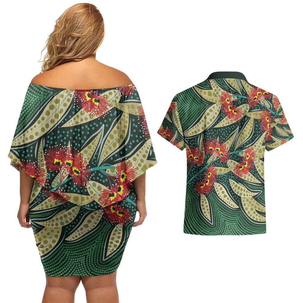 Australian Native Eucalyptus Plant Couples Matching Off Shoulder Short Dress and Hawaiian Shirt Aboriginal Dot Art