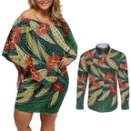 Australian Native Eucalyptus Plant Couples Matching Off Shoulder Short Dress and Long Sleeve Button Shirt Aboriginal Dot Art
