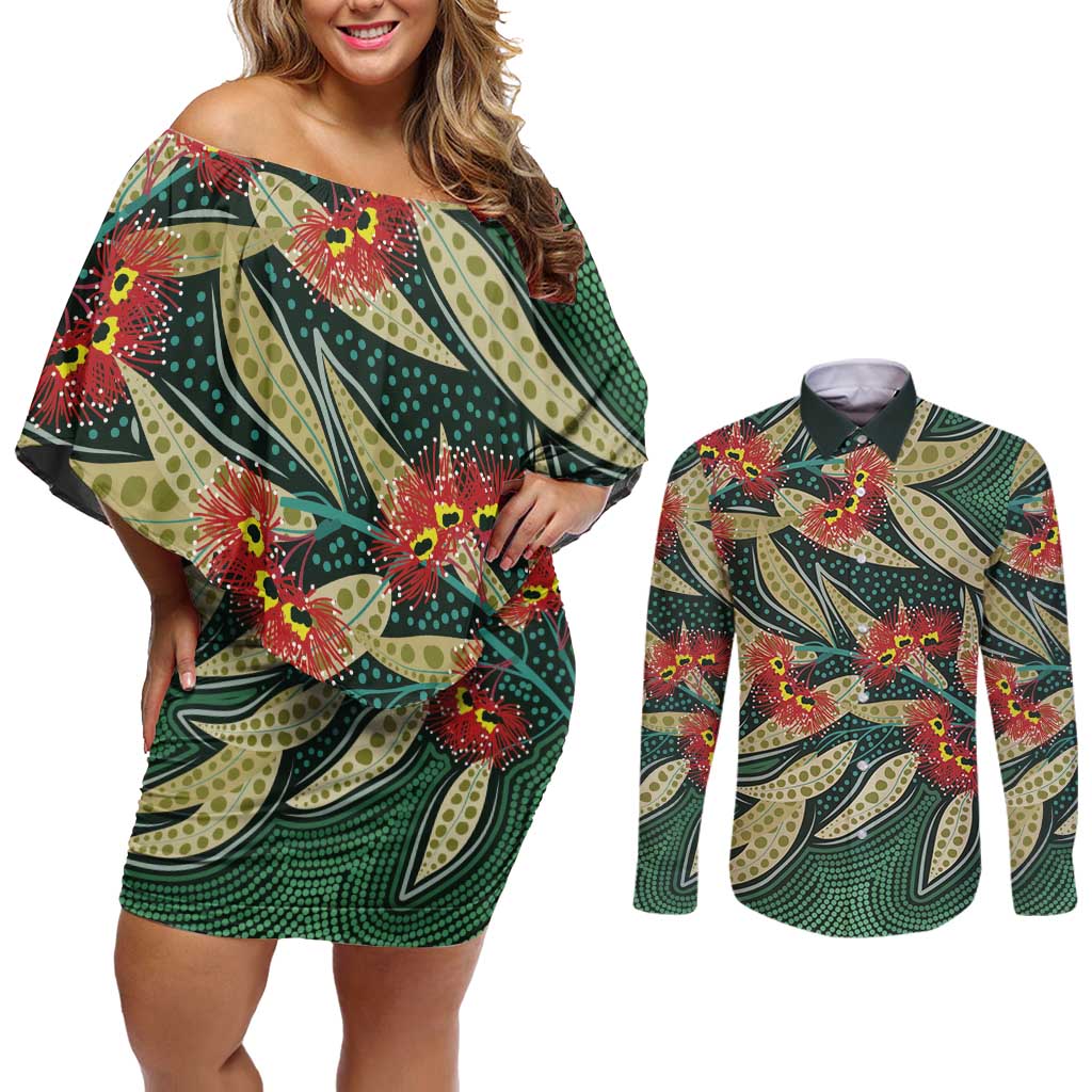 Australian Native Eucalyptus Plant Couples Matching Off Shoulder Short Dress and Long Sleeve Button Shirt Aboriginal Dot Art