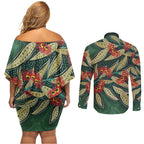 Australian Native Eucalyptus Plant Couples Matching Off Shoulder Short Dress and Long Sleeve Button Shirt Aboriginal Dot Art
