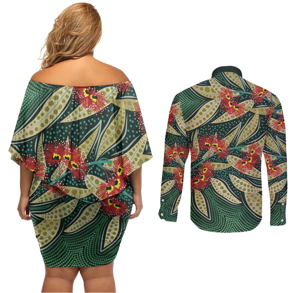 Australian Native Eucalyptus Plant Couples Matching Off Shoulder Short Dress and Long Sleeve Button Shirt Aboriginal Dot Art