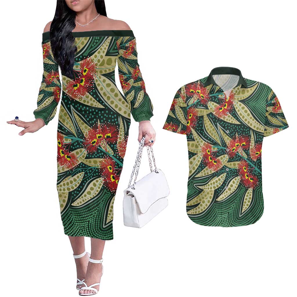 Australian Native Eucalyptus Plant Couples Matching Off The Shoulder Long Sleeve Dress and Hawaiian Shirt Aboriginal Dot Art
