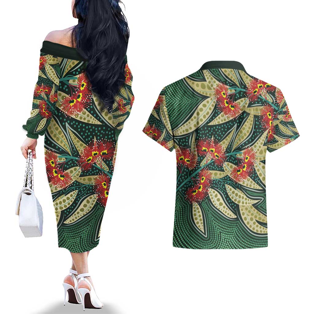 Australian Native Eucalyptus Plant Couples Matching Off The Shoulder Long Sleeve Dress and Hawaiian Shirt Aboriginal Dot Art