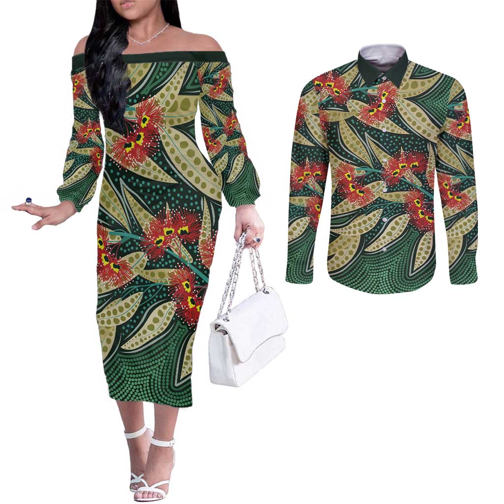 Australian Native Eucalyptus Plant Couples Matching Off The Shoulder Long Sleeve Dress and Long Sleeve Button Shirt Aboriginal Dot Art