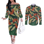 Australian Native Eucalyptus Plant Couples Matching Off The Shoulder Long Sleeve Dress and Long Sleeve Button Shirt Aboriginal Dot Art