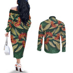 Australian Native Eucalyptus Plant Couples Matching Off The Shoulder Long Sleeve Dress and Long Sleeve Button Shirt Aboriginal Dot Art