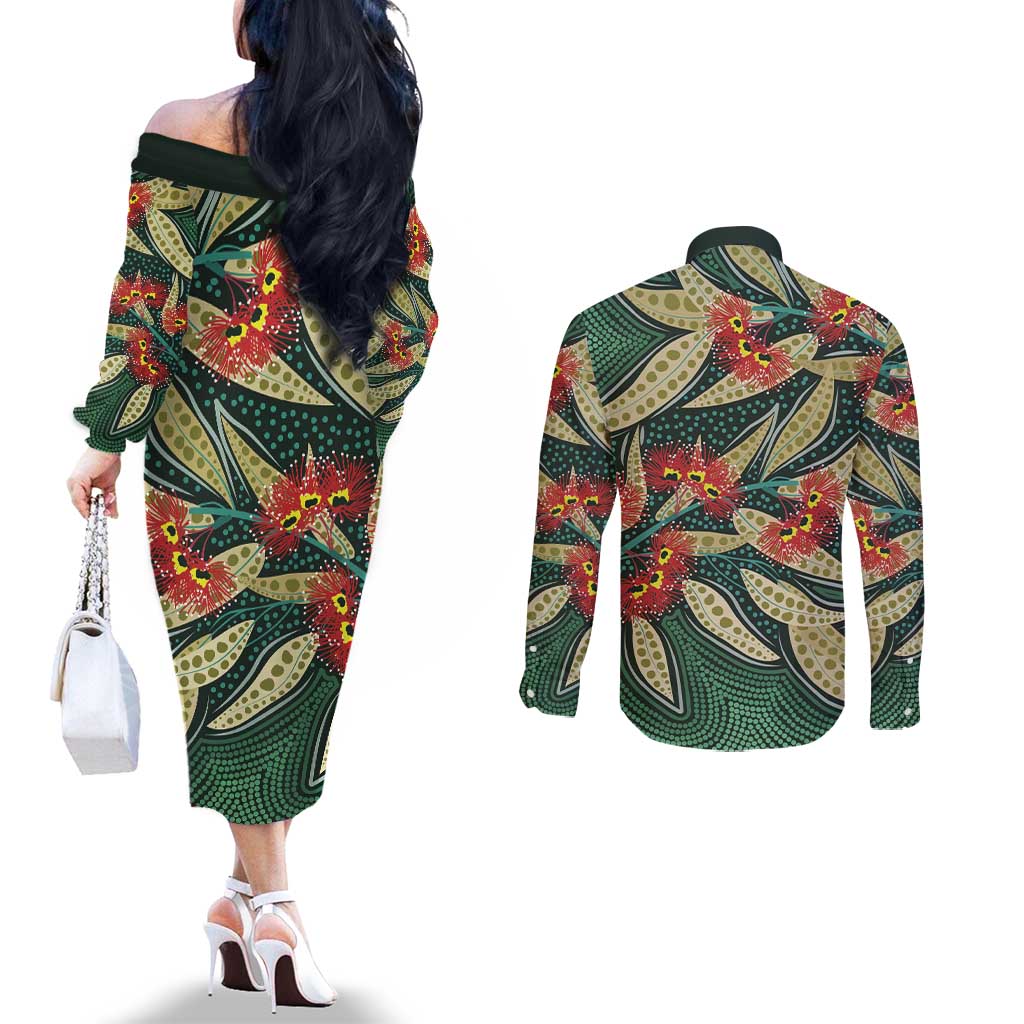 Australian Native Eucalyptus Plant Couples Matching Off The Shoulder Long Sleeve Dress and Long Sleeve Button Shirt Aboriginal Dot Art