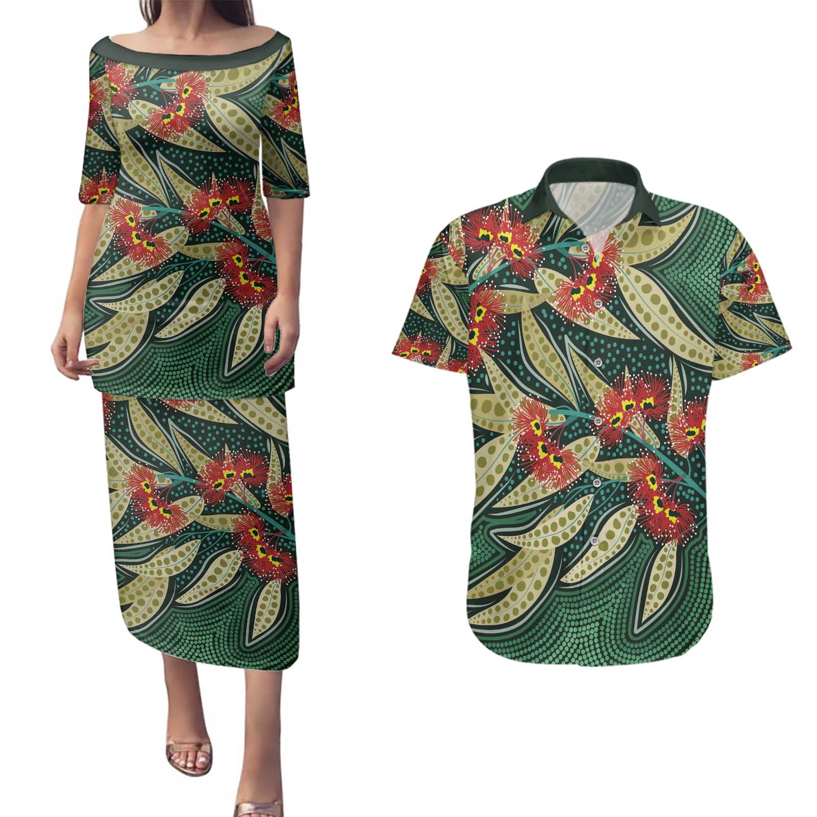 Australian Native Eucalyptus Plant Couples Matching Puletasi and Hawaiian Shirt Aboriginal Dot Art