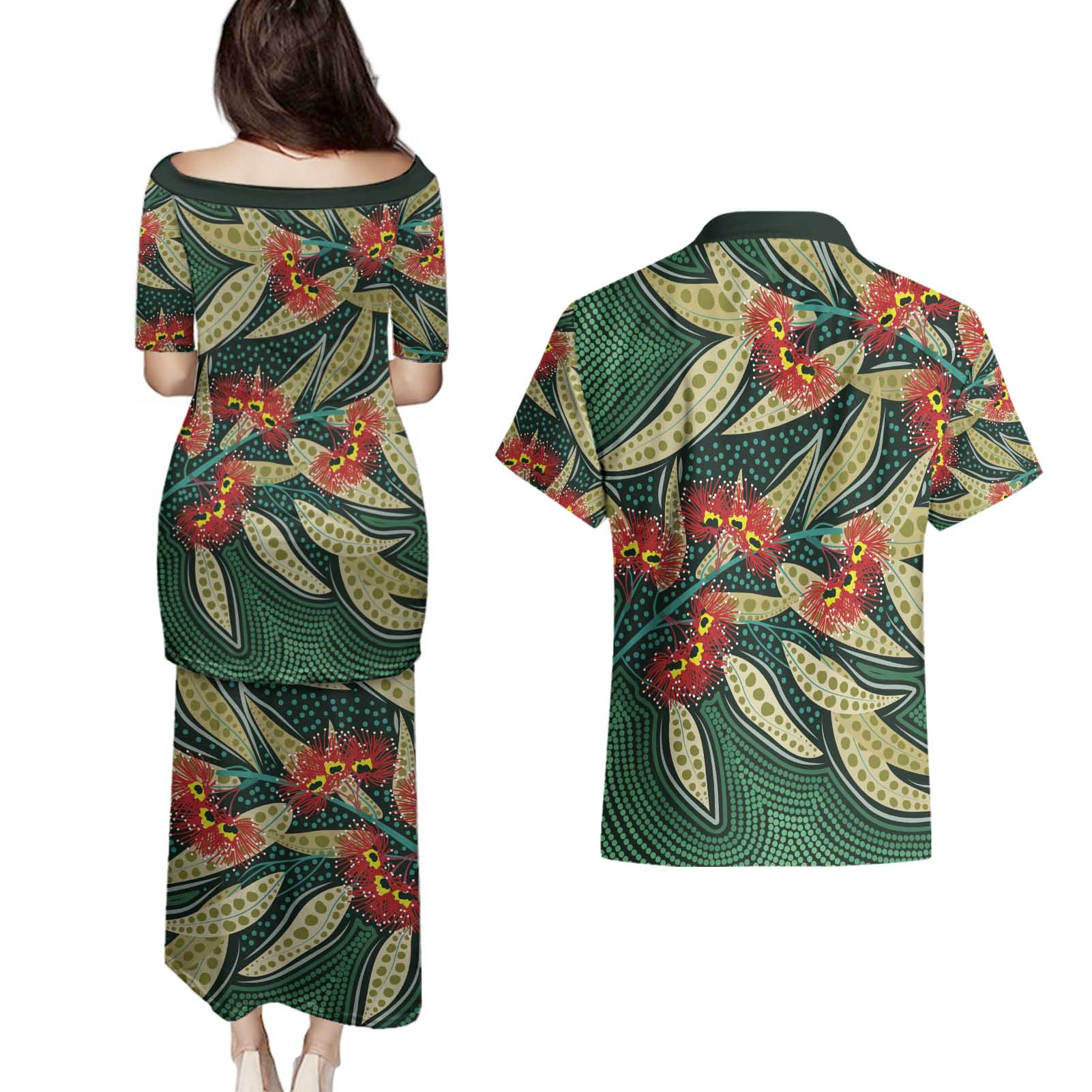 Australian Native Eucalyptus Plant Couples Matching Puletasi and Hawaiian Shirt Aboriginal Dot Art