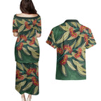 Australian Native Eucalyptus Plant Couples Matching Puletasi and Hawaiian Shirt Aboriginal Dot Art