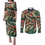 Australian Native Eucalyptus Plant Couples Matching Puletasi and Long Sleeve Button Shirt Aboriginal Dot Art