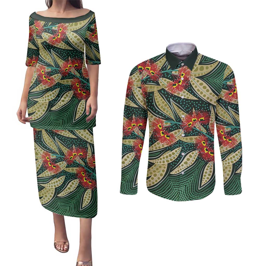 Australian Native Eucalyptus Plant Couples Matching Puletasi and Long Sleeve Button Shirt Aboriginal Dot Art