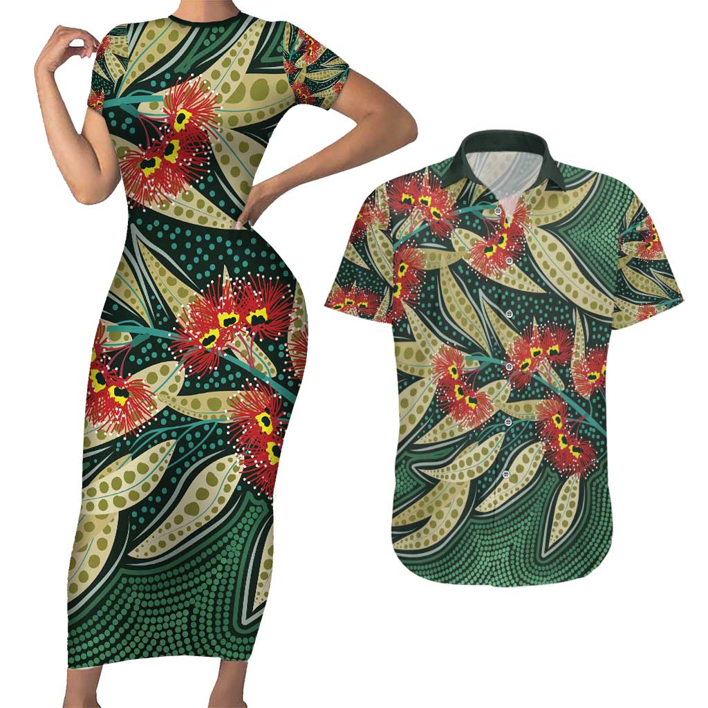 Australian Native Eucalyptus Plant Couples Matching Short Sleeve Bodycon Dress and Hawaiian Shirt Aboriginal Dot Art