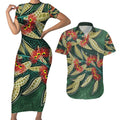Australian Native Eucalyptus Plant Couples Matching Short Sleeve Bodycon Dress and Hawaiian Shirt Aboriginal Dot Art