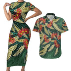 Australian Native Eucalyptus Plant Couples Matching Short Sleeve Bodycon Dress and Hawaiian Shirt Aboriginal Dot Art