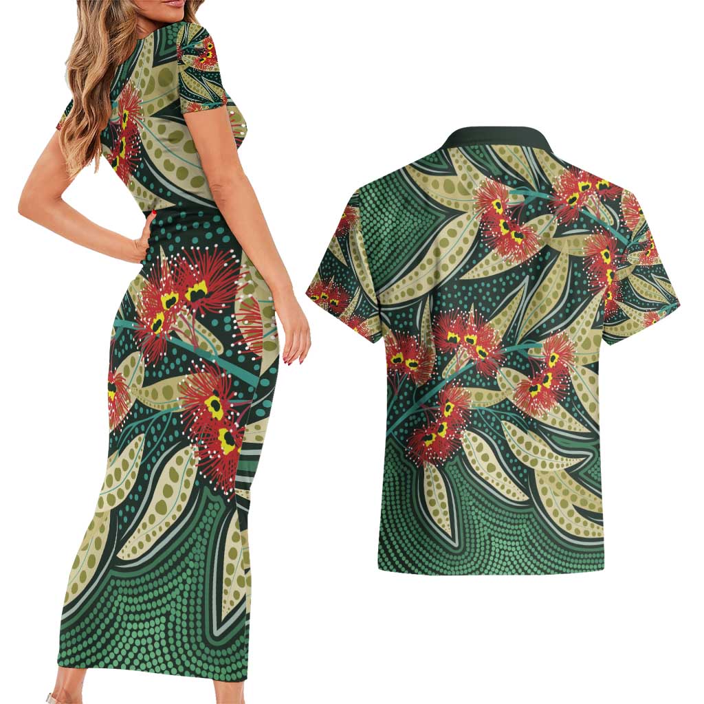 Australian Native Eucalyptus Plant Couples Matching Short Sleeve Bodycon Dress and Hawaiian Shirt Aboriginal Dot Art