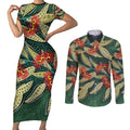 Australian Native Eucalyptus Plant Couples Matching Short Sleeve Bodycon Dress and Long Sleeve Button Shirt Aboriginal Dot Art