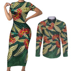 Australian Native Eucalyptus Plant Couples Matching Short Sleeve Bodycon Dress and Long Sleeve Button Shirt Aboriginal Dot Art