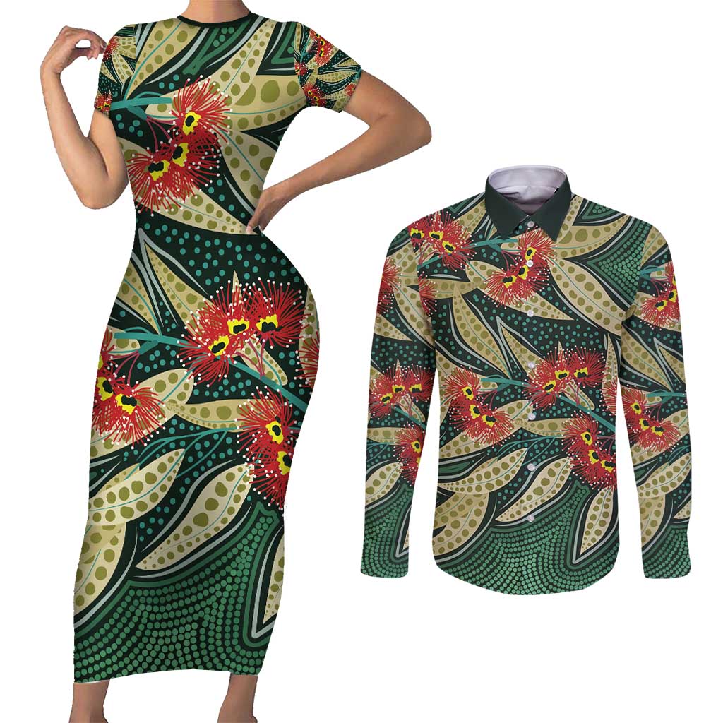 Australian Native Eucalyptus Plant Couples Matching Short Sleeve Bodycon Dress and Long Sleeve Button Shirt Aboriginal Dot Art