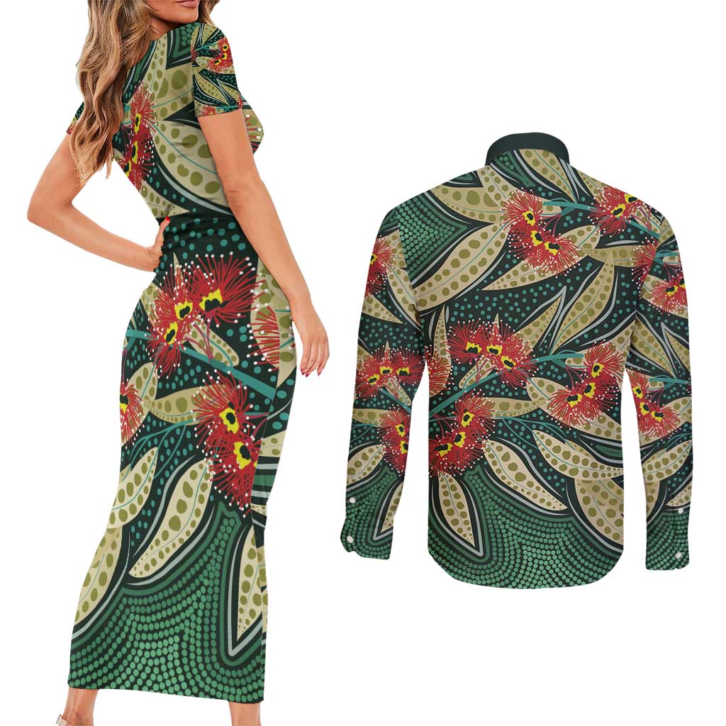 Australian Native Eucalyptus Plant Couples Matching Short Sleeve Bodycon Dress and Long Sleeve Button Shirt Aboriginal Dot Art