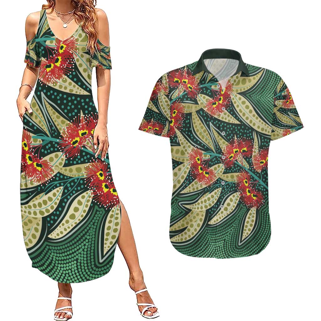 Australian Native Eucalyptus Plant Couples Matching Summer Maxi Dress and Hawaiian Shirt Aboriginal Dot Art