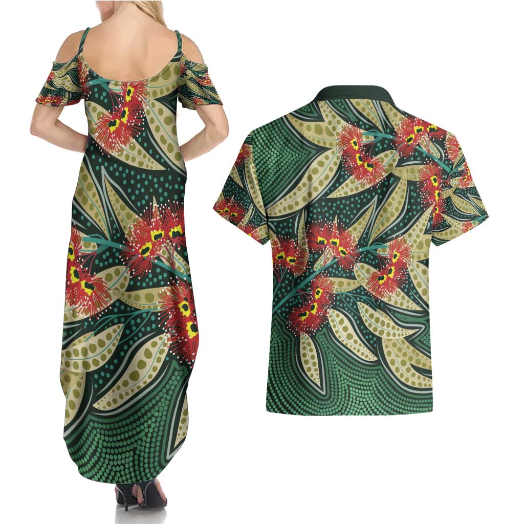 Australian Native Eucalyptus Plant Couples Matching Summer Maxi Dress and Hawaiian Shirt Aboriginal Dot Art
