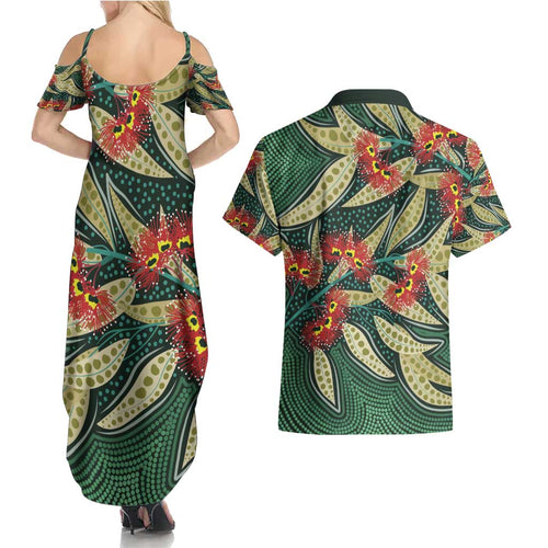 Australian Native Eucalyptus Plant Couples Matching Summer Maxi Dress and Hawaiian Shirt Aboriginal Dot Art