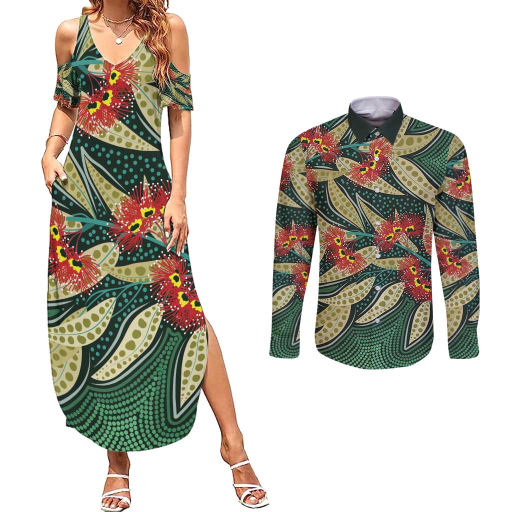 Australian Native Eucalyptus Plant Couples Matching Summer Maxi Dress and Long Sleeve Button Shirt Aboriginal Dot Art
