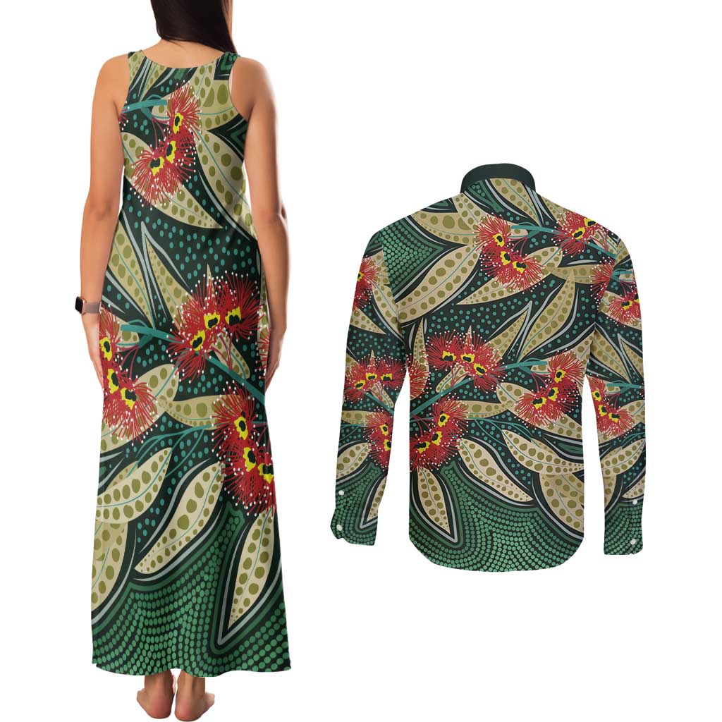 Australian Native Eucalyptus Plant Couples Matching Tank Maxi Dress and Long Sleeve Button Shirt Aboriginal Dot Art