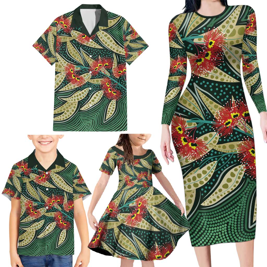 Australian Native Eucalyptus Plant Family Matching Long Sleeve Bodycon Dress and Hawaiian Shirt Aboriginal Dot Art