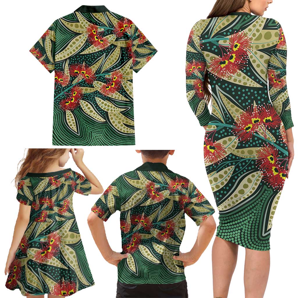 Australian Native Eucalyptus Plant Family Matching Long Sleeve Bodycon Dress and Hawaiian Shirt Aboriginal Dot Art