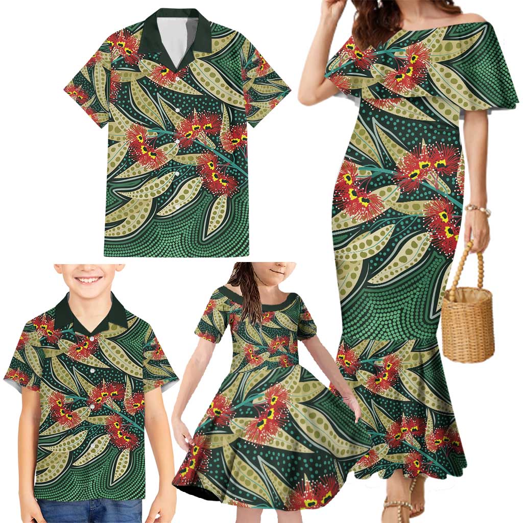Australian Native Eucalyptus Plant Family Matching Mermaid Dress and Hawaiian Shirt Aboriginal Dot Art