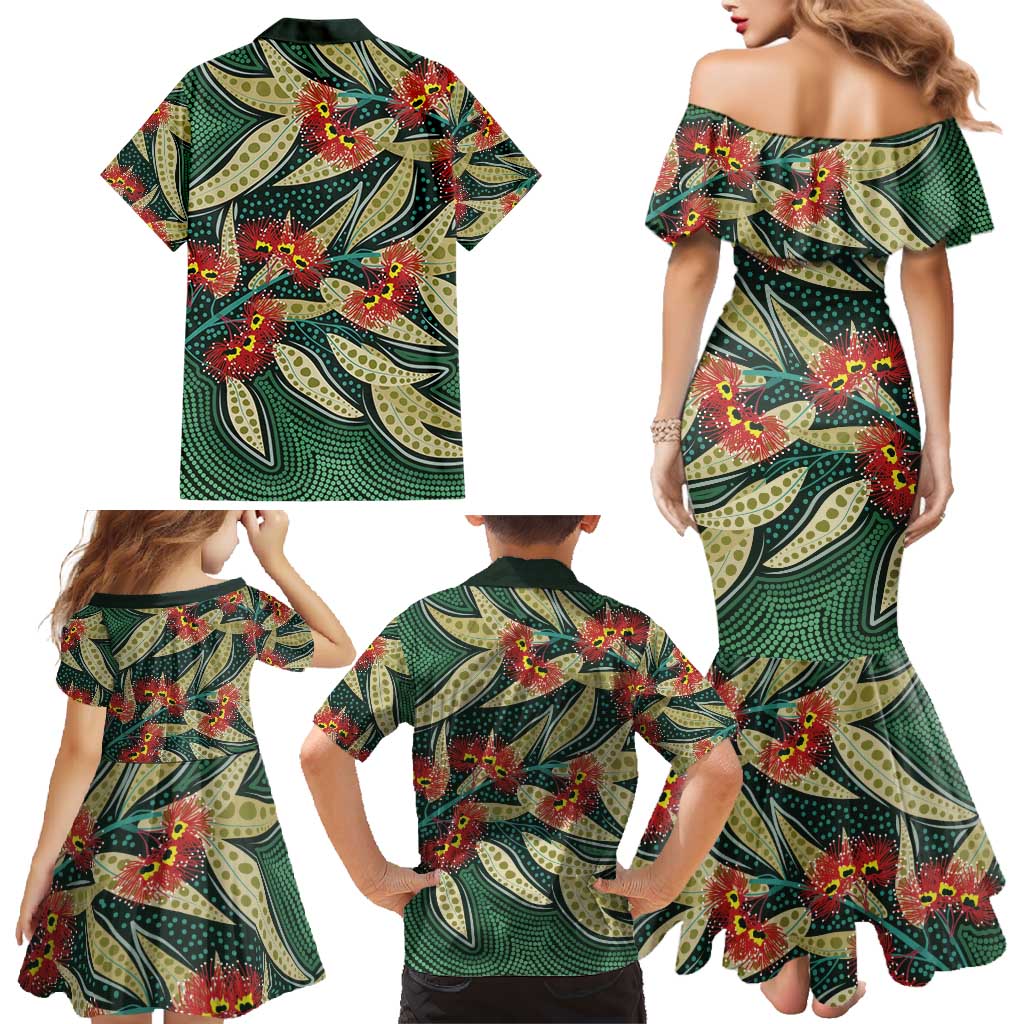 Australian Native Eucalyptus Plant Family Matching Mermaid Dress and Hawaiian Shirt Aboriginal Dot Art