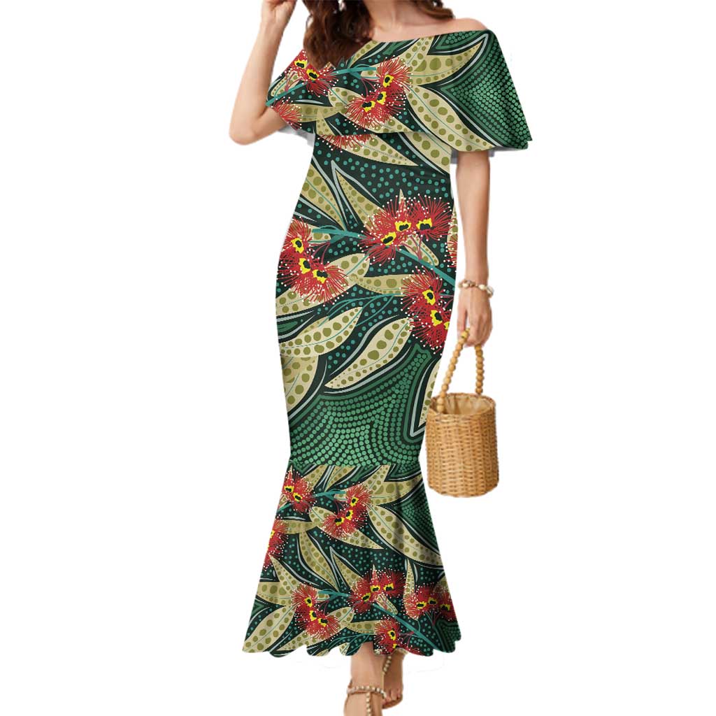 Australian Native Eucalyptus Plant Family Matching Mermaid Dress and Hawaiian Shirt Aboriginal Dot Art