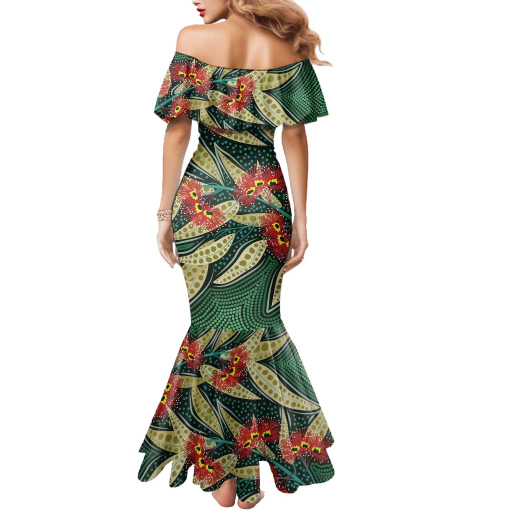 Australian Native Eucalyptus Plant Family Matching Mermaid Dress and Hawaiian Shirt Aboriginal Dot Art